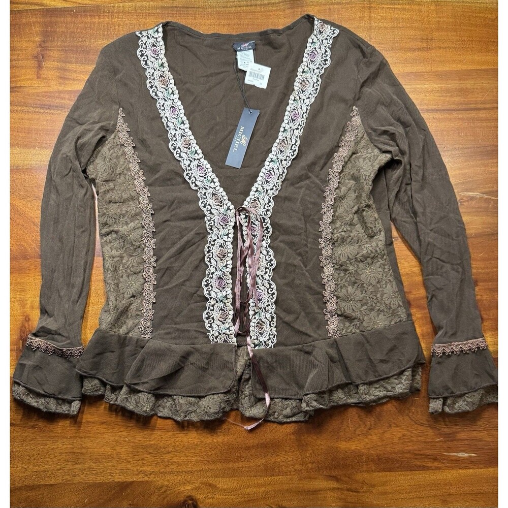 Michel USA Fairycore Mesh Cardigan Top XL Brown Lace Knit Tie Front Ruffled NWT